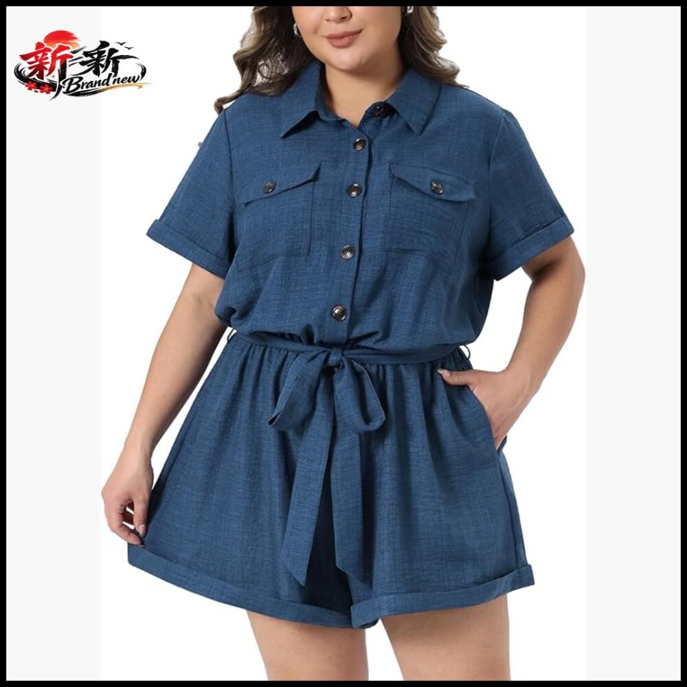 Plus Size Romper with Button Down Roll Sleeves an… - image 1